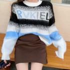 Lettering Striped Crewneck Sweater / High Waist Mini A-line Skirt