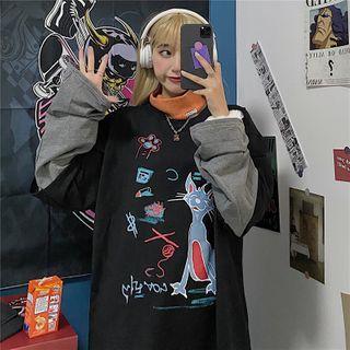 Mock Two-pierce Cat Print Sweatshirt