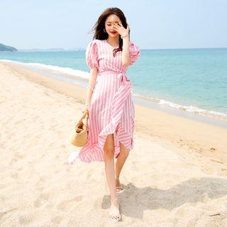 Puff-sleeve Stripe Wrap Dress