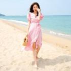 Puff-sleeve Stripe Wrap Dress
