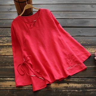 Long-sleeve Deer Embroidered Wrap Cheongsam Top