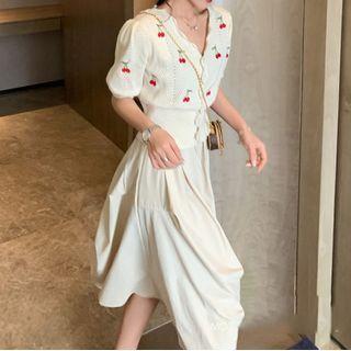 Short-sleeve Cherry Knit Top / Midi A-line Skirt / Set