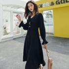 Long-sleeve Lace-up Midi A-line Dress