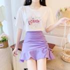 Flower Applique Short-sleeve T-shirt / Mini A-line Skirt / Set