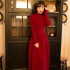 Long-sleeve Knit A-line Dress Wine Red - One Size