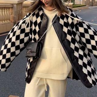 Checkered Fluffy Button-up Jacket