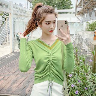 V-neck Contrast Trim Drawstring Knit Top