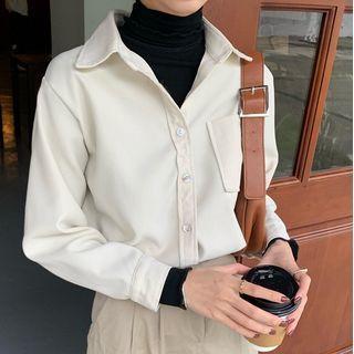 Long-sleeve Plain Loose Fit Corduroy Pocket Shirt