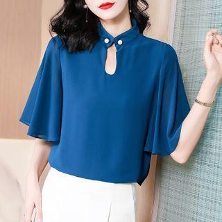 Short-sleeve Faux Pearl-accent Chiffon Blouse