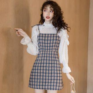 Set: Puff-sleeve Dotted Smocked Blouse + Color Block Plaid Camisole Dress