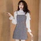 Set: Puff-sleeve Dotted Smocked Blouse + Color Block Plaid Camisole Dress
