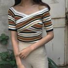 Short-sleeve Striped Cropped Knit Top