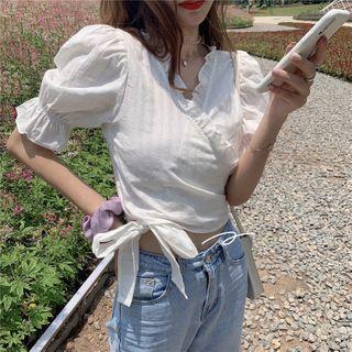 Puff-sleeve Tie-side Ruffled Blouse White - One Size