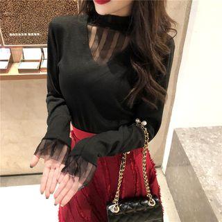 Mesh V-neck Long-sleeve Top / Plain Irregular Skirt