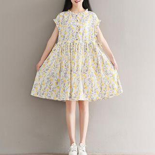 Cap Sleeve Floral Print Buttoned Dress