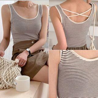 Sleeveless Cross-strap Stripe Knit Top