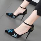 Embroidered High Heel Ankle Strap Sandals