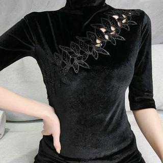 Short-sleeve Rhinestone Floral Print T-shirt