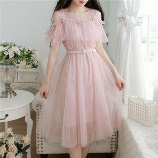 Cold Shoulder Mesh Short-sleeve A-line Dress