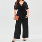 Plus Size Short-sleeve V-neck Lace Panel Wide Leg Jumpsuit
