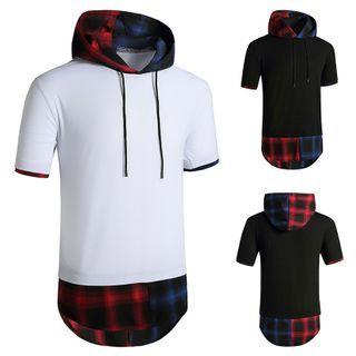 Short-sleeve Plaid Panel Hooded T-shirt