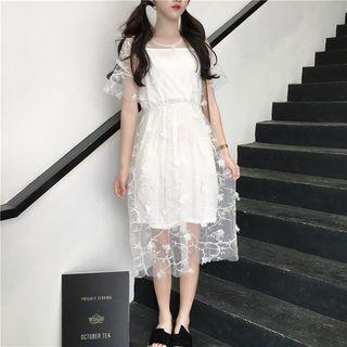 Set: Flower Detail Mesh Short-sleeve A-line Dress + Slipdress