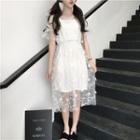 Set: Flower Detail Mesh Short-sleeve A-line Dress + Slipdress