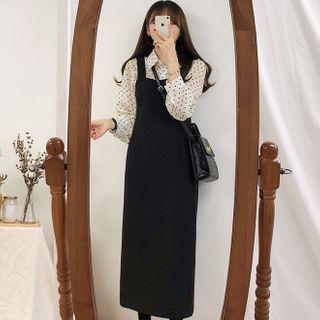 Dotted Blouse / Plain Midi A-line Overall Dress / Set