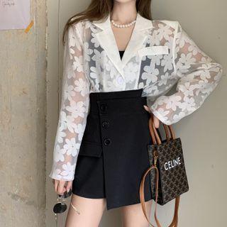 Double-breasted Floral Print See-through Blazer / High Waist Button-accent Mini Skort
