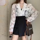 Double-breasted Floral Print See-through Blazer / High Waist Button-accent Mini Skort
