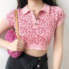 Short-sleeve Patterned Knit Cropped Polo Shirt