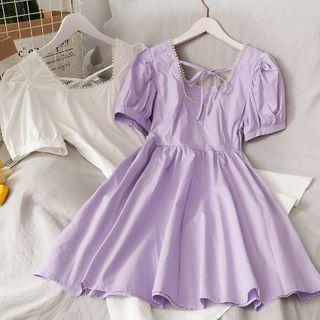 Pearl-neckline Plain Mini Dress