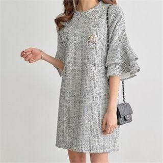 Tiered Elbow-sleeve Tweed Mini Dress