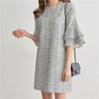 Tiered Elbow-sleeve Tweed Mini Dress