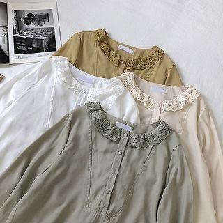 Plain Crewneck Panel Lace-trim Long-sleeve Blouse