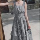 Sleeveless Plaid Frill Trim A-line Maxi Dress