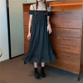 Short-sleeve Cold Shoulder A-line Midi Dress Black - One Size