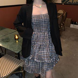 Plain Blazer / Strapless Plaid Mini A-line Dress