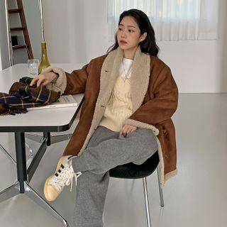 Shawl-collar Button-up Faux-shearling Coat Camel - One Size