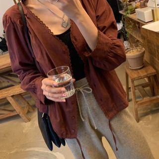 Long-sleeve Lace Trim Blouse As Shown In Figure - One Size