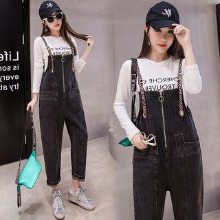 Leopard Print Strap Denim Jumper Pants