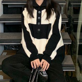 Color Block Turtleneck Cardigan Stripes - Black & White - One Size