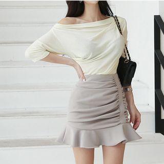 Set: Long-sleeve Off Shoulder Top + Mini Fitted Skirt