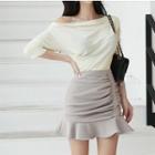 Set: Long-sleeve Off Shoulder Top + Mini Fitted Skirt