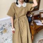 Short-sleeve Plaid A-line Dress Yellow - One Size