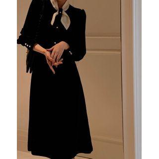 Long-sleeve Tie-neck Velvet Midi A-line Dress