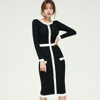 Long-sleeve Contrast Trim Knit Midi Bodycon Dress