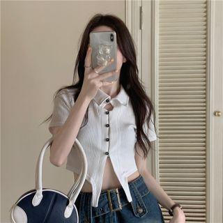 Short-sleeve Collar Asymmetrical Cropped T-shirt