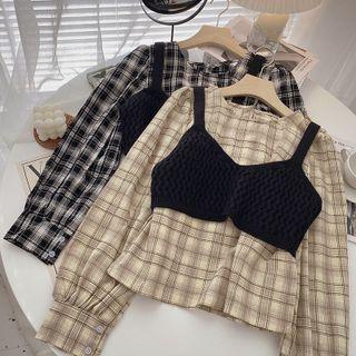 Set: Plaid Blouse + Knit Cropped Camisole Top