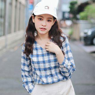 3/4 Sleeve Plaid V-neck Shirt